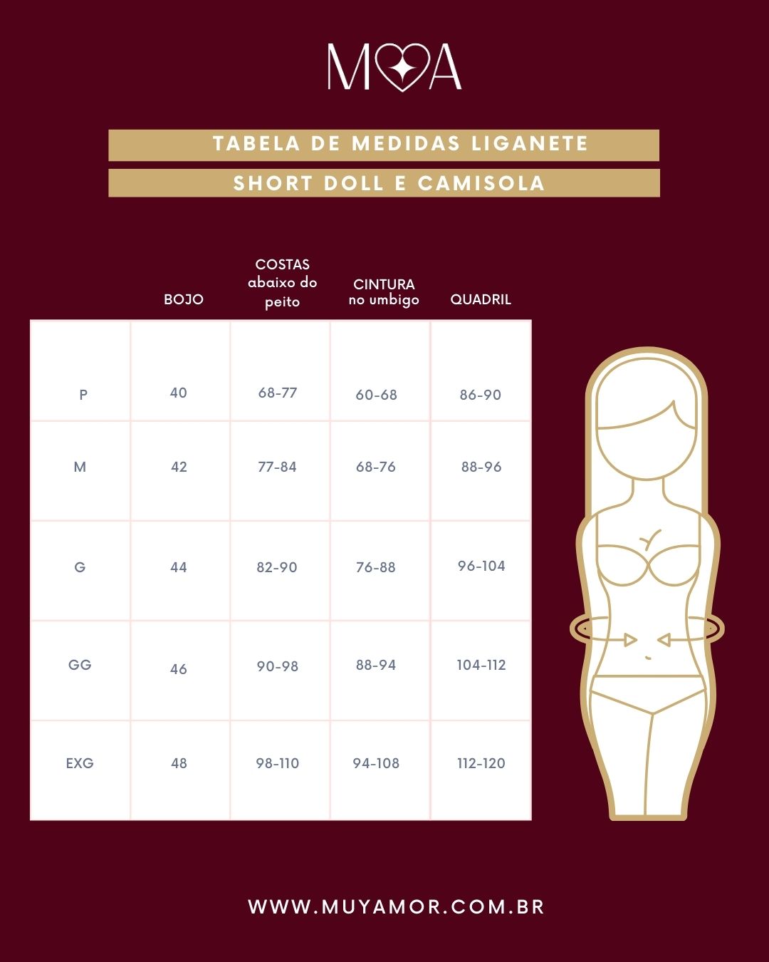 tabela medida short doll e camisola